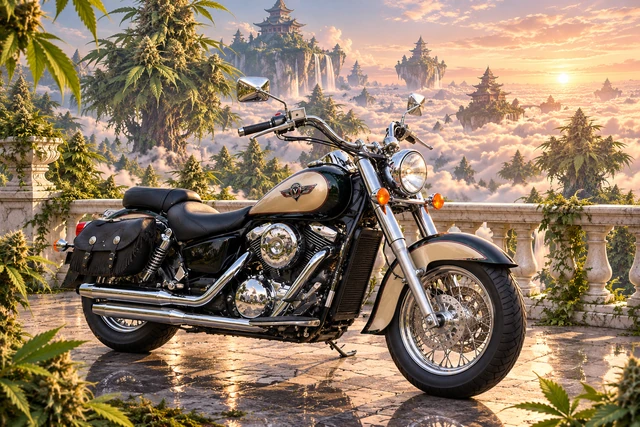Santi’s 1999 Kawasaki Vulcan Classic 1500. Emerald Dawn Vulcan Among Colossal Cannabis Trees. Fictional automotive artwork.