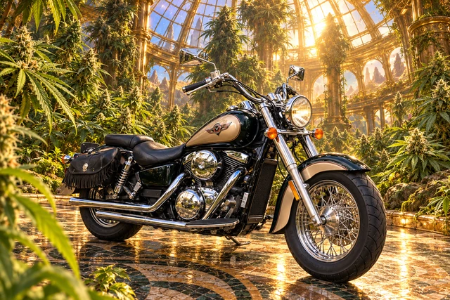 Santi’s 1999 Kawasaki Vulcan Classic 1500. Kawasaki Vulcan in a Golden Cannabis Conservatory. Fictional automotive artwork.