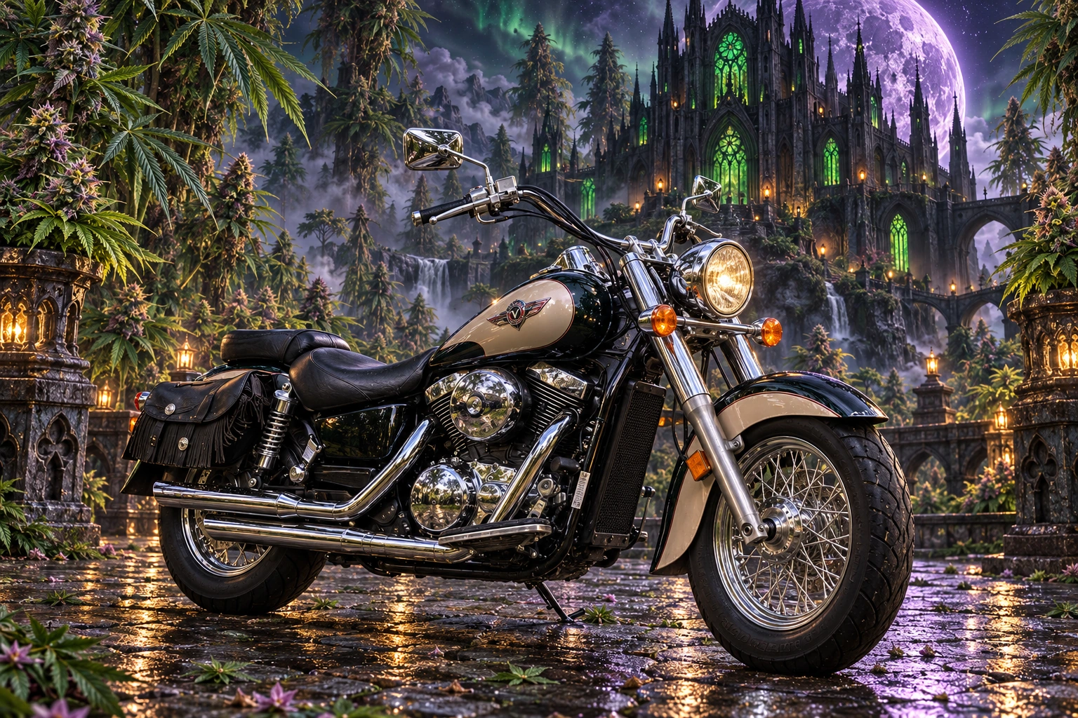 Santi’s 1999 Kawasaki Vulcan Classic 1500. Moonlit Kawasaki Before the Emerald Cannabis Castle. Fictional automotive artwork.