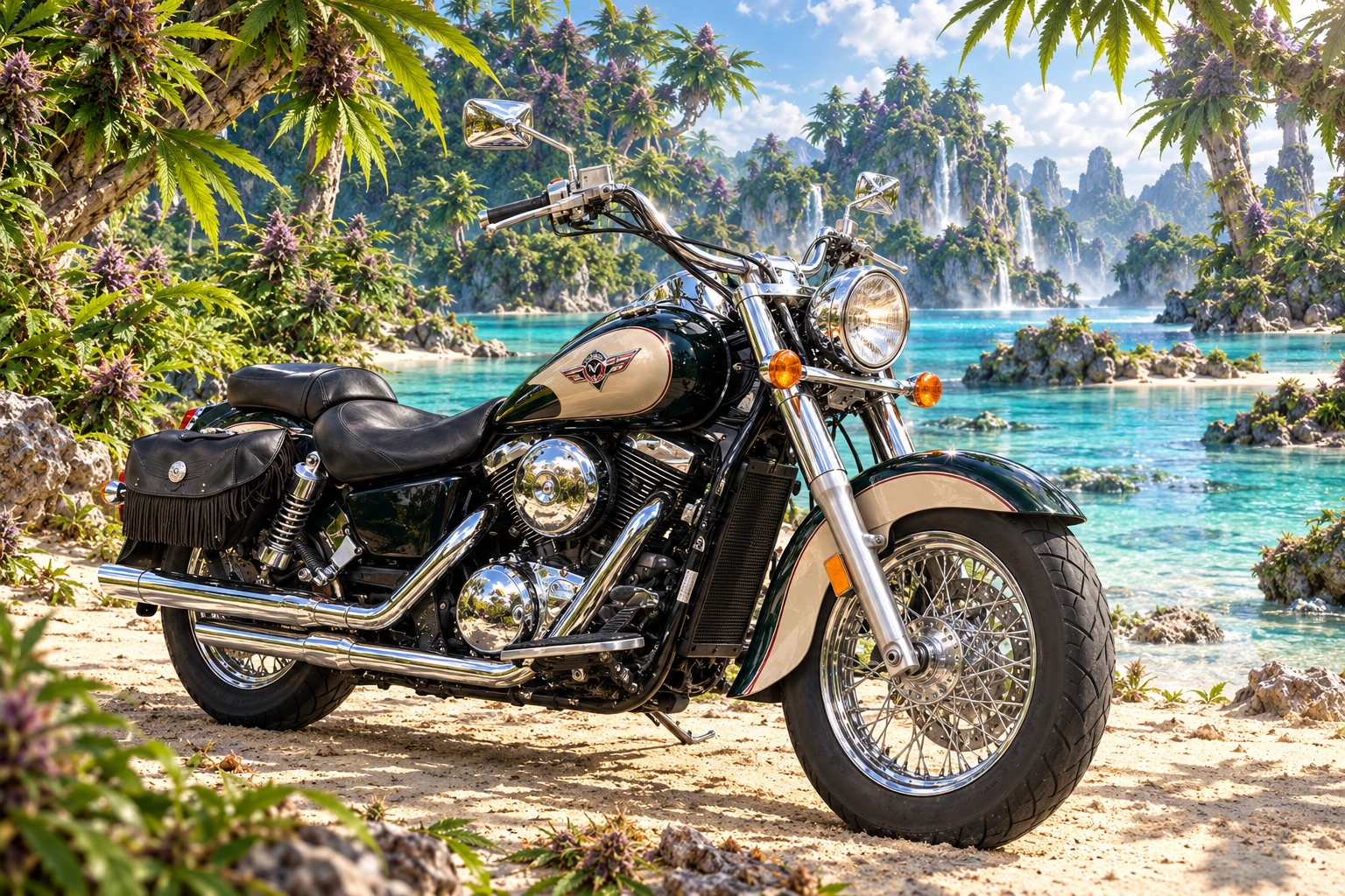 Santi’s 1999 Kawasaki Vulcan Classic 1500. Vulcan Cruiser Beneath Towering Cannabis Trees. Fictional automotive artwork.