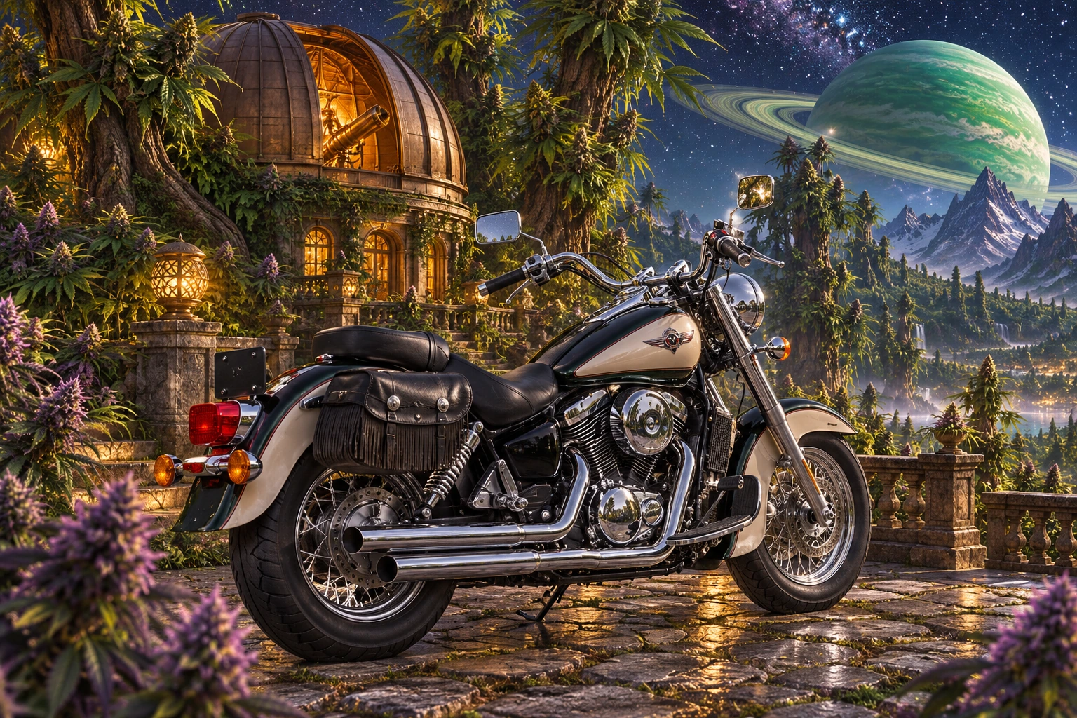 Santi’s 1999 Kawasaki Vulcan Classic 1500. Kawasaki Vulcan Beneath a Ringed Emerald Planet. Fictional automotive artwork.