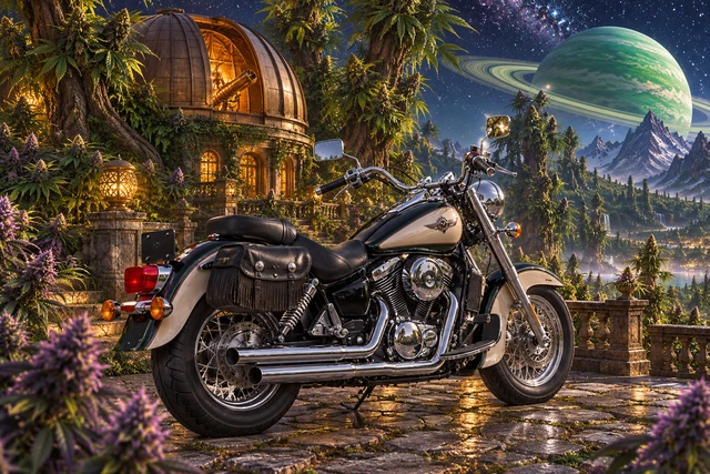 Santi’s 1999 Kawasaki Vulcan Classic 1500. Kawasaki Vulcan Beneath a Ringed Emerald Planet. Fictional automotive artwork.