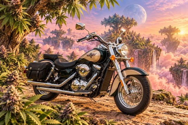 Santi’s 1999 Kawasaki Vulcan Classic 1500. Kawasaki Vulcan in a Cannabis Sky Orchard. Fictional automotive artwork.