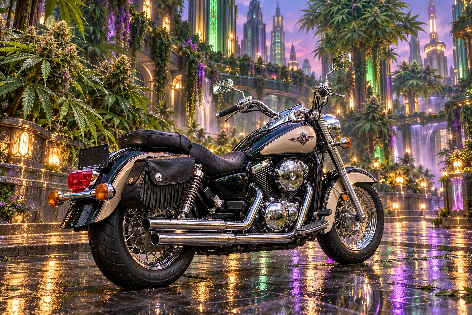 Santi’s 1999 Kawasaki Vulcan Classic 1500. Vulcan cruiser beneath a neon cannabis city. Fictional automotive artwork.