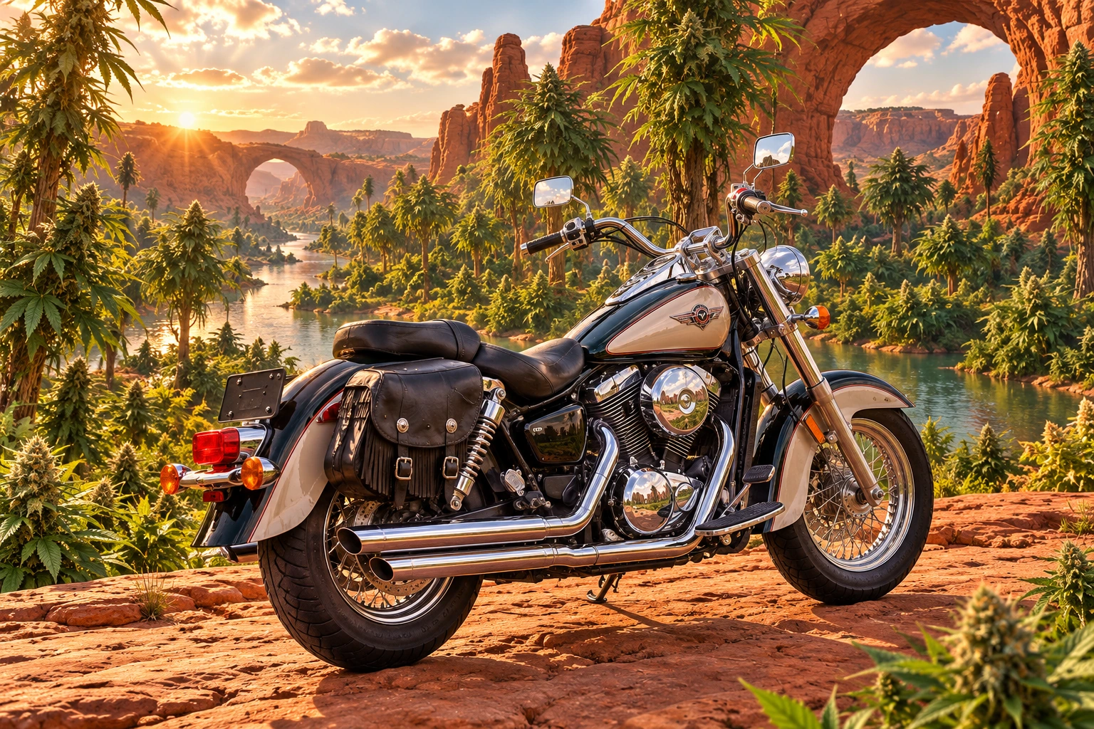 Santi’s 1999 Kawasaki Vulcan Classic 1500. Kawasaki Vulcan in a Scarlet Cannabis Oasis. Fictional automotive artwork.