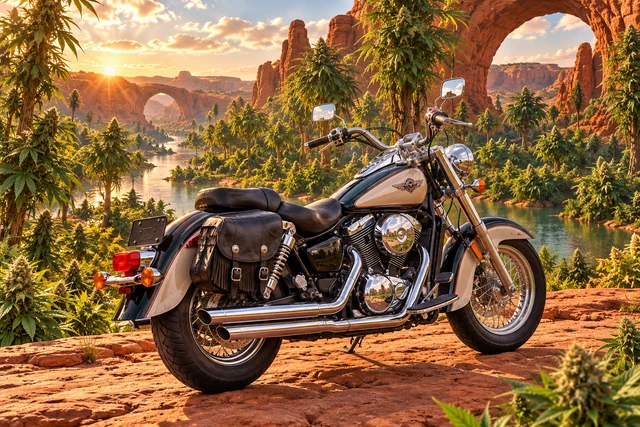 Santi’s 1999 Kawasaki Vulcan Classic 1500. Kawasaki Vulcan in a Scarlet Cannabis Oasis. Fictional automotive artwork.
