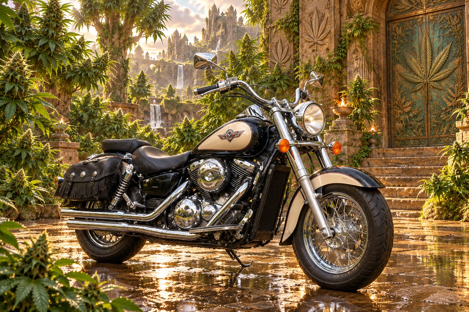 Santi’s 1999 Kawasaki Vulcan Classic 1500. Kawasaki Vulcan in the Emerald Temple. Fictional automotive artwork.