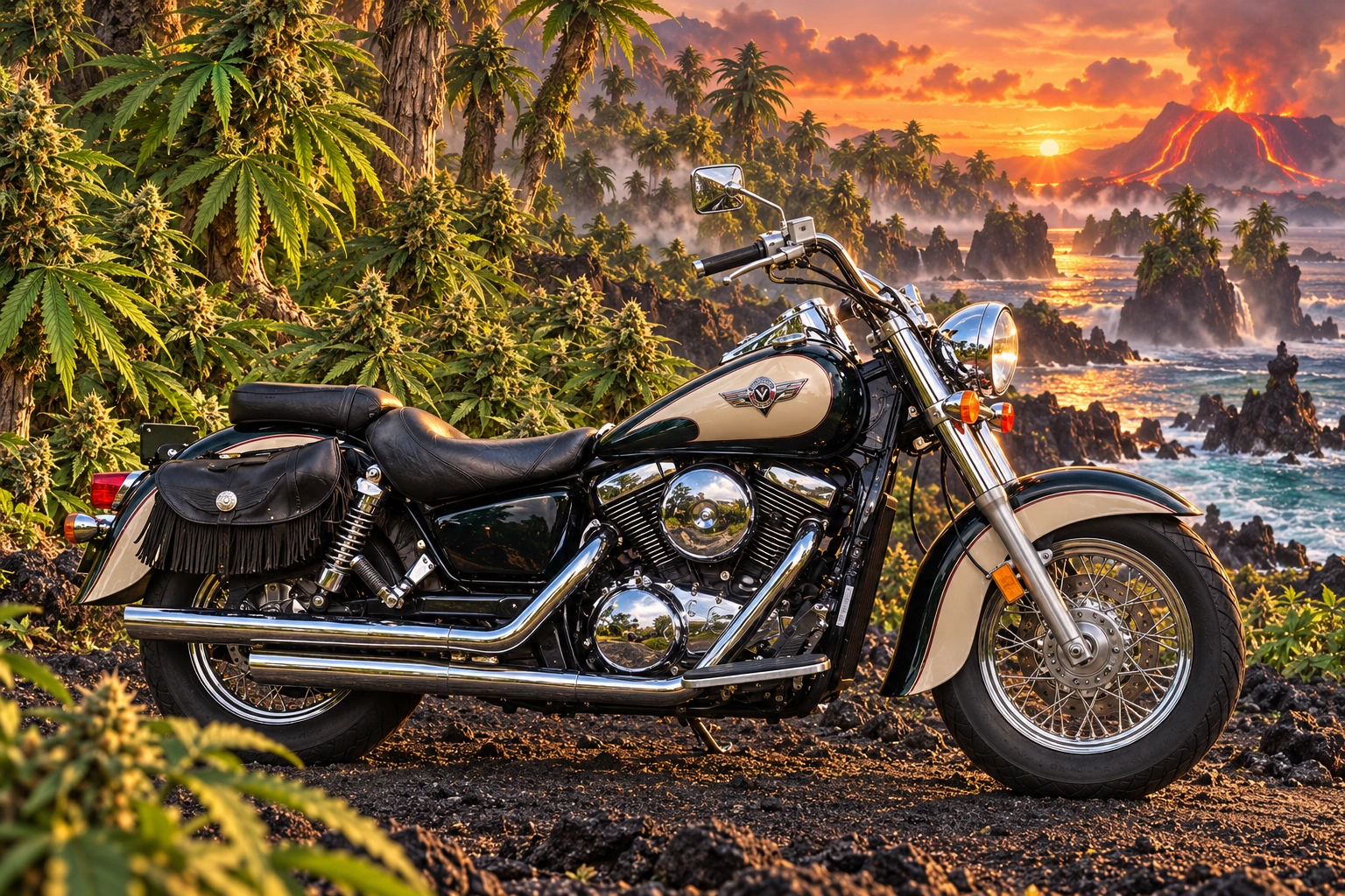 Santi’s 1999 Kawasaki Vulcan Classic 1500. Vulcan Motorcycle on the Obsidian Cannabis Coast. Fictional automotive artwork.