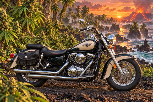 Santi’s 1999 Kawasaki Vulcan Classic 1500. Vulcan Motorcycle on the Obsidian Cannabis Coast. Fictional automotive artwork.