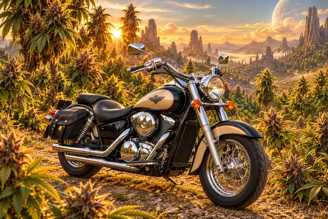 Santi’s 1999 Kawasaki Vulcan Classic 1500. Kawasaki Vulcan in a Golden Cannabis World. Fictional automotive artwork.