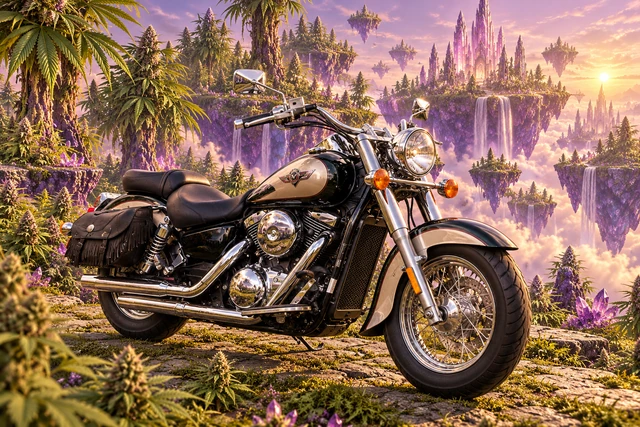 Santi’s 1999 Kawasaki Vulcan Classic 1500. Vulcan Cruiser Amid Floating Cannabis Islands. Fictional automotive artwork.