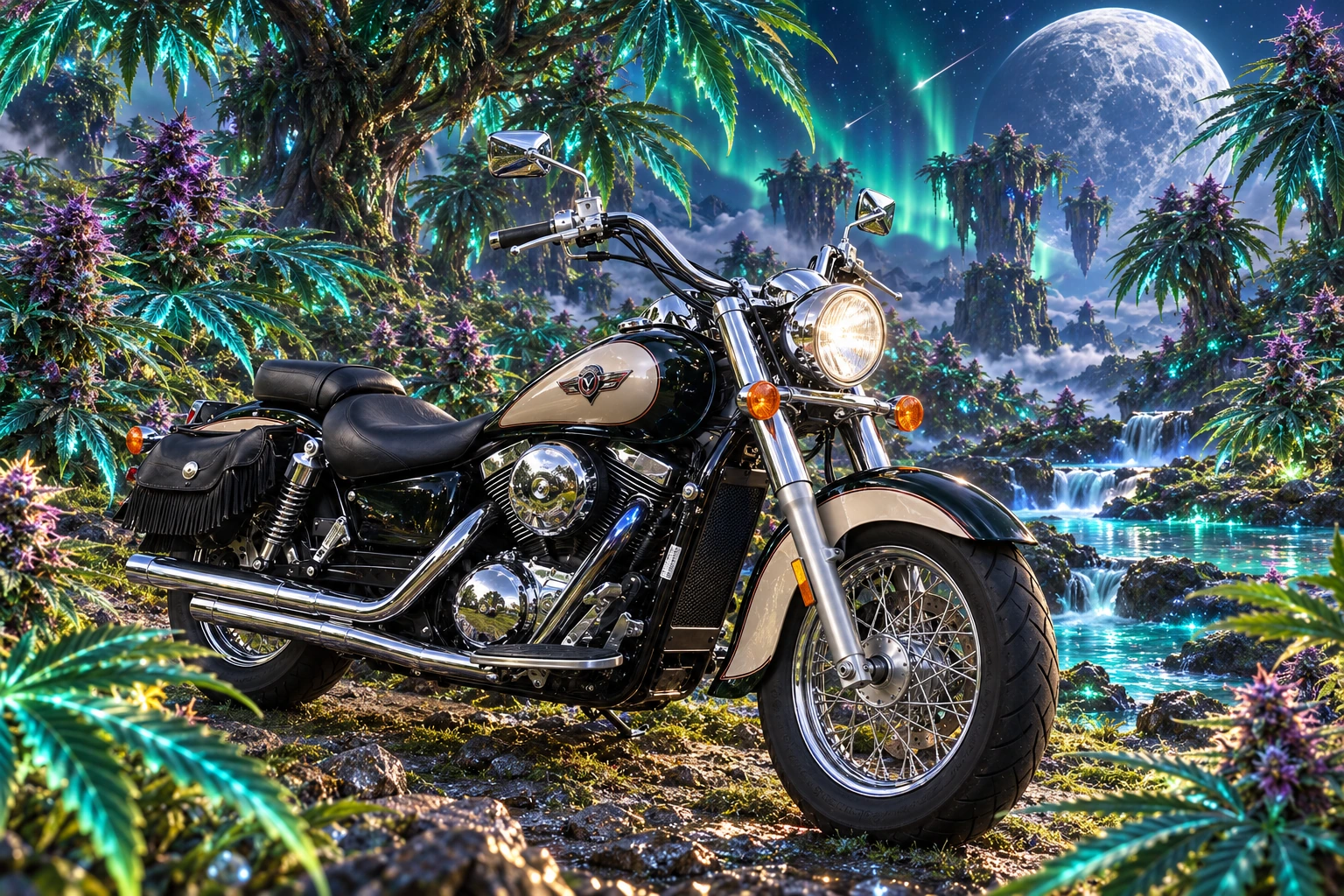 Santi’s 1999 Kawasaki Vulcan Classic 1500. Moonlit Kawasaki Amid Giant Cannabis Trees. Fictional automotive artwork.