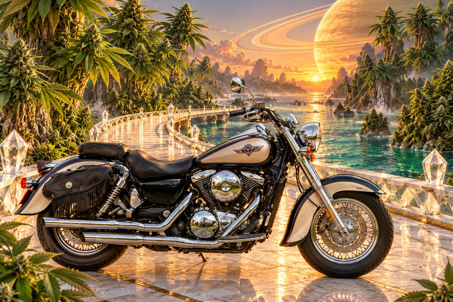 Santi’s 1999 Kawasaki Vulcan Classic 1500. Vulcan Cruiser on a Cannabis Causeway. Fictional automotive artwork.
