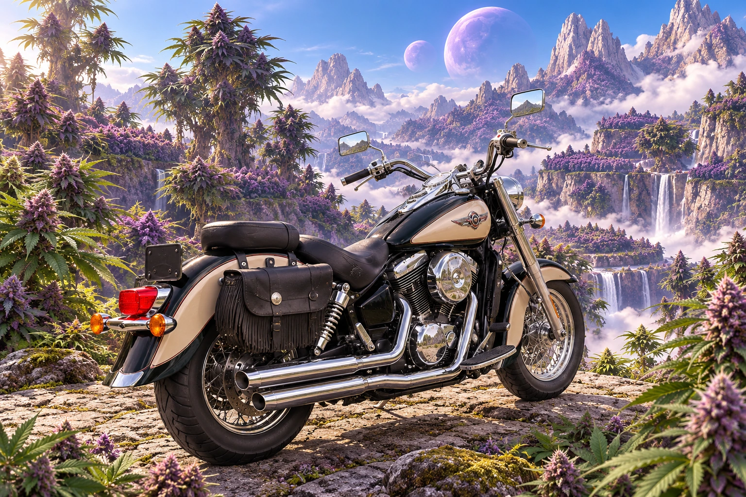 Santi’s 1999 Kawasaki Vulcan Classic 1500. Vulcan Cruiser Amid Lavender Cannabis Mountains. Fictional automotive artwork.