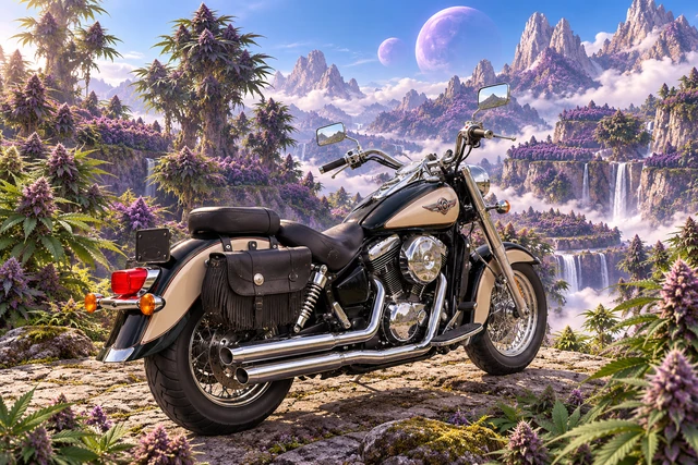 Santi’s 1999 Kawasaki Vulcan Classic 1500. Vulcan Cruiser Amid Lavender Cannabis Mountains. Fictional automotive artwork.