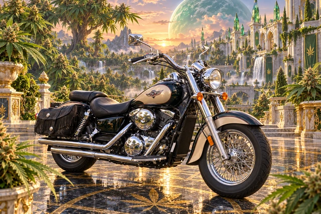 Santi’s 1999 Kawasaki Vulcan Classic 1500. Kawasaki Vulcan among giant cannabis trees. Fictional automotive artwork.