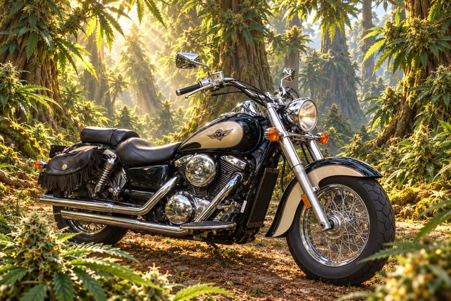 Santi’s 1999 Kawasaki Vulcan Classic 1500. Vulcan 1500 in a Redwood Cathedral. Fictional automotive artwork.