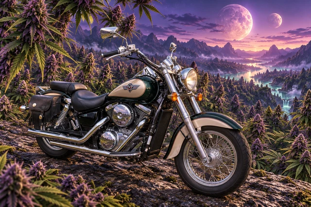 Santi’s 1999 Kawasaki Vulcan Classic 1500. Kawasaki Vulcan on the violet ridge. Fictional automotive artwork.