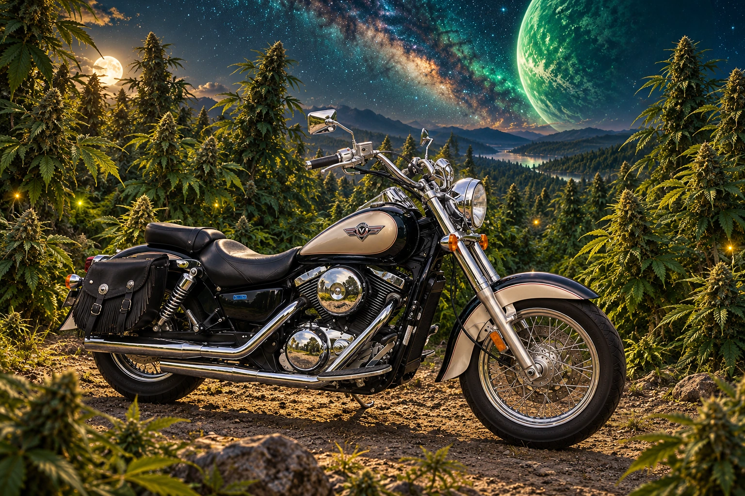 Santi’s 1999 Kawasaki Vulcan Classic 1500. Vulcan beneath an emerald planet. Fictional automotive artwork.