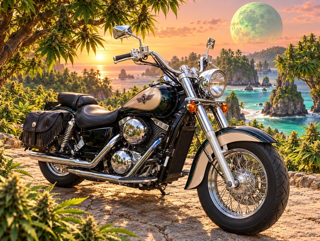 Santi’s 1999 Kawasaki Vulcan Classic 1500. Emerald Kawasaki Vulcan above turquoise shores. Fictional automotive artwork.