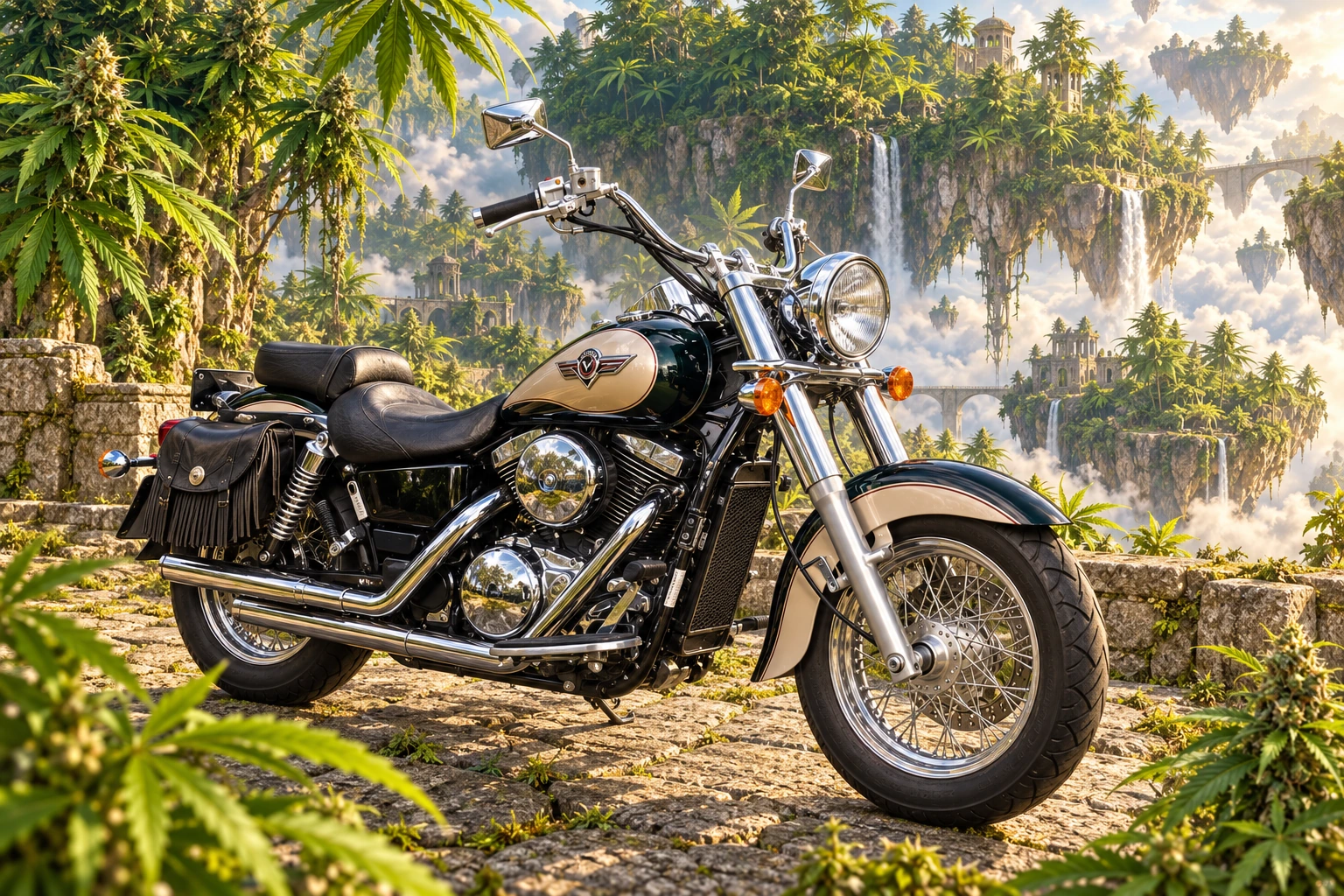 Santi’s 1999 Kawasaki Vulcan Classic 1500. Vulcan cruiser over emerald floating islands. Fictional automotive artwork.