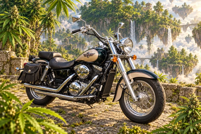 Santi’s 1999 Kawasaki Vulcan Classic 1500. Vulcan cruiser over emerald floating islands. Fictional automotive artwork.