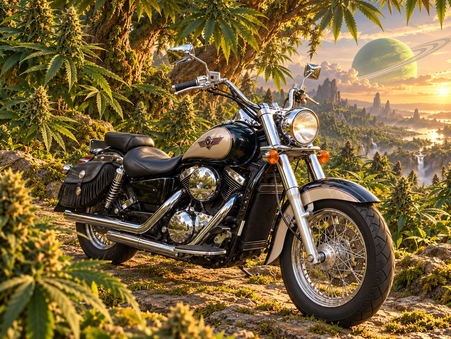 Santi’s 1999 Kawasaki Vulcan Classic 1500. Kawasaki Vulcan in the Emerald Canopy. Fictional automotive artwork.