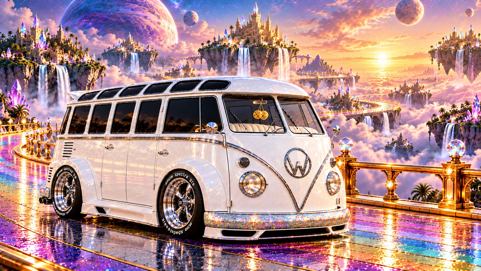 Starlite, the custom Volkswagen Samba. Starlite on the Rainbow Road. Fictional automotive artwork.