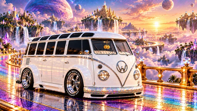 Starlite, the custom Volkswagen Samba. Starlite on the Rainbow Road. Fictional automotive artwork.