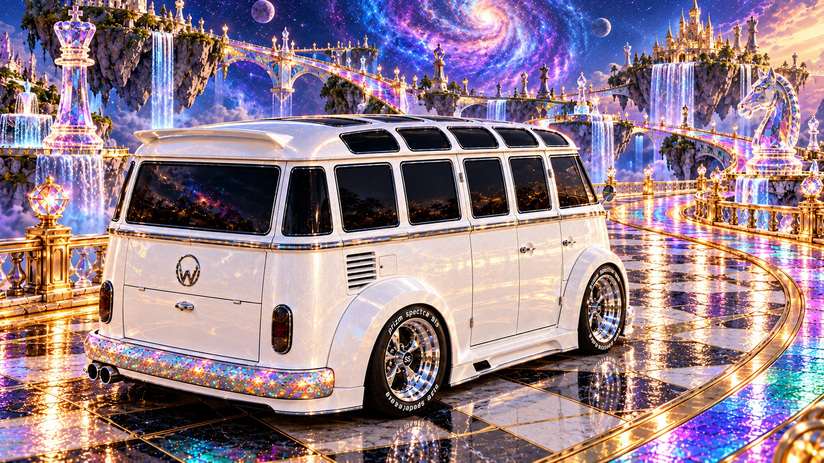 Starlite, the custom Volkswagen Samba. Starlite Bus on the Rainbow Chessway. Fictional automotive artwork.