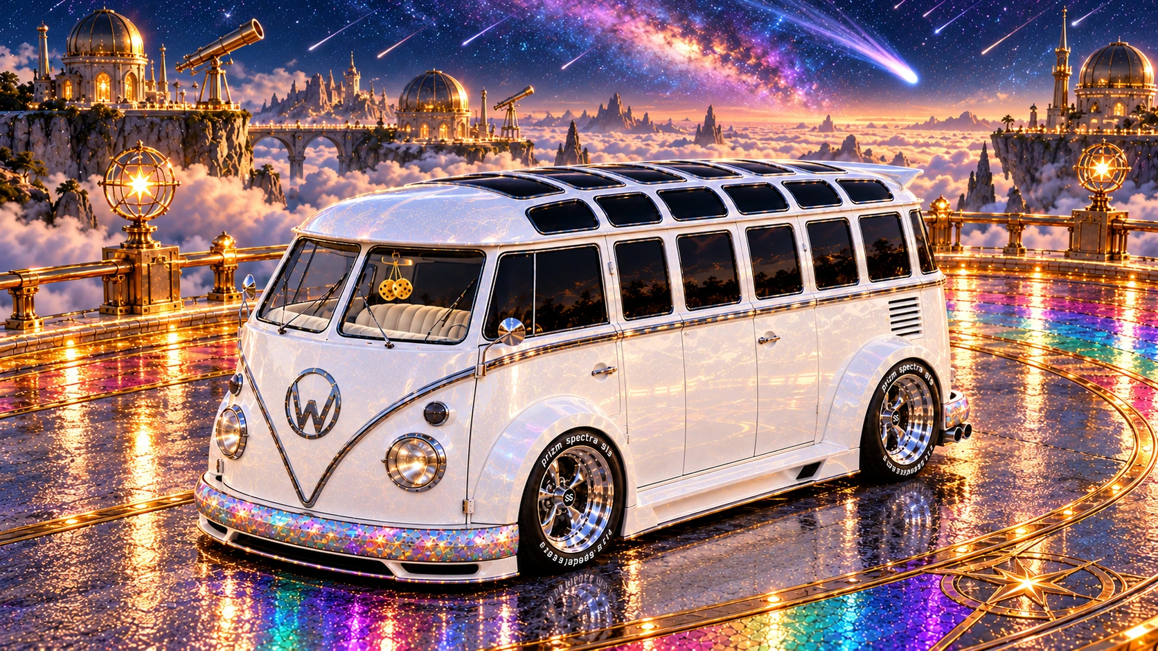 Starlite, the custom Volkswagen Samba. Starlite on the Rainbow Galaxy Road. Fictional automotive artwork.