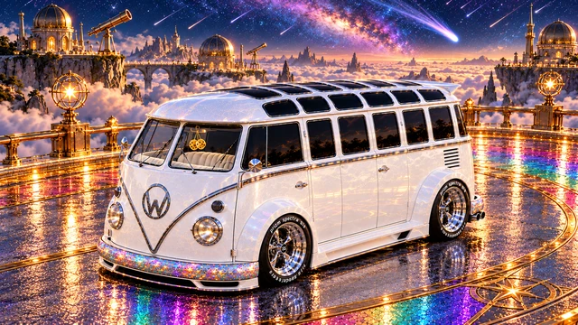 Starlite, the custom Volkswagen Samba. Starlite on the Rainbow Galaxy Road. Fictional automotive artwork.