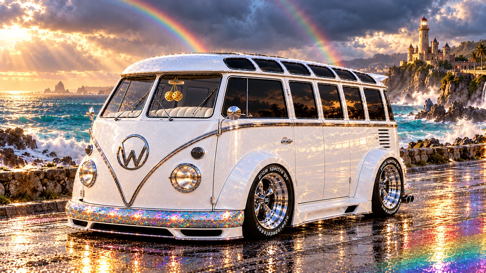 Starlite, the custom Volkswagen Samba. Pearl-white Starlite on a rainbow coast. Fictional automotive artwork.