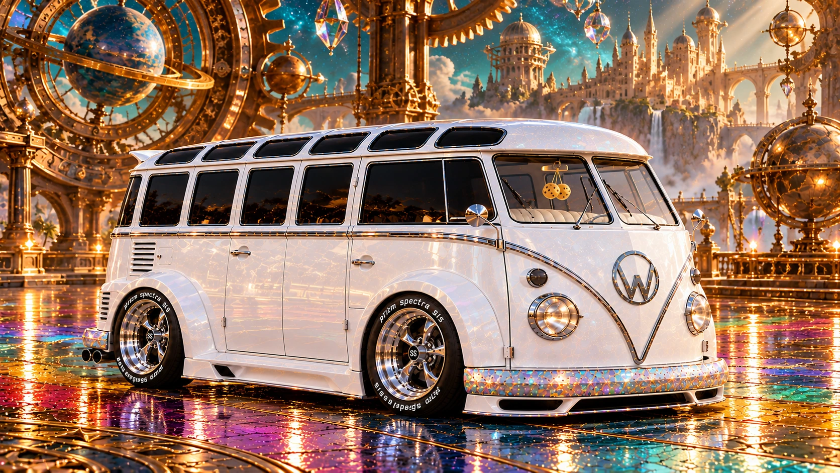Starlite, the custom Volkswagen Samba. Starlite in a Rainbow Clockwork Courtyard. Fictional automotive artwork.