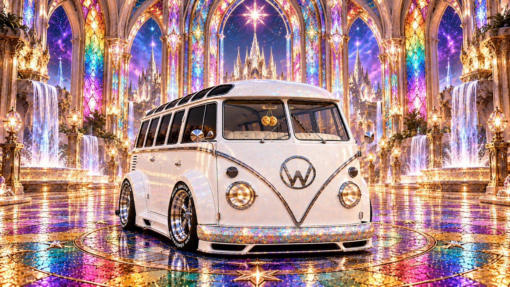 Starlite, the custom Volkswagen Samba. Starlite Bus Beneath Rainbow Cathedral Arches. Fictional automotive artwork.