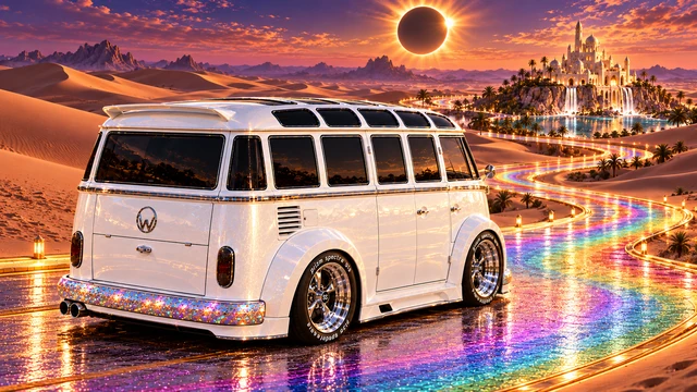 Starlite, the custom Volkswagen Samba. Starlite Bus Under a Rainbow Eclipse. Fictional automotive artwork.