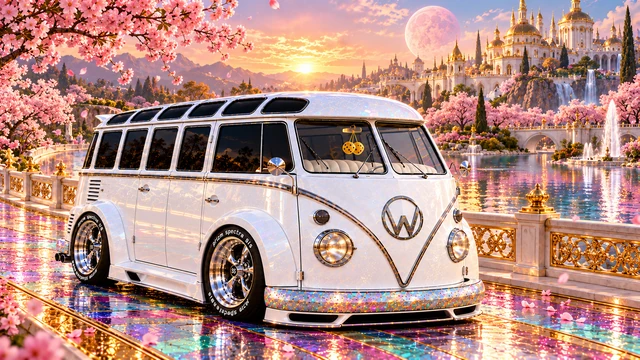 Starlite, the custom Volkswagen Samba. Starlite on the Rainbow-Glass Garden Bridge. Fictional automotive artwork.