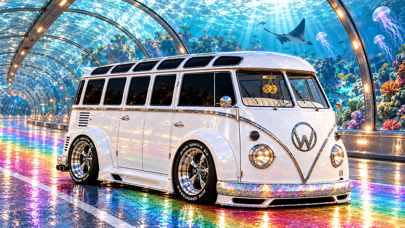 Starlite, the custom Volkswagen Samba. Starlite Bus in an Undersea Tunnel. Fictional automotive artwork.
