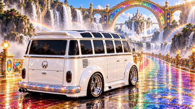 Starlite, the custom Volkswagen Samba. Starlite Bus Beneath the Rainbow Arch. Fictional automotive artwork.