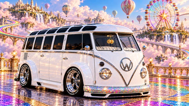 Starlite, the custom Volkswagen Samba. Starlite Bus on Rainbow Boulevard. Fictional automotive artwork.