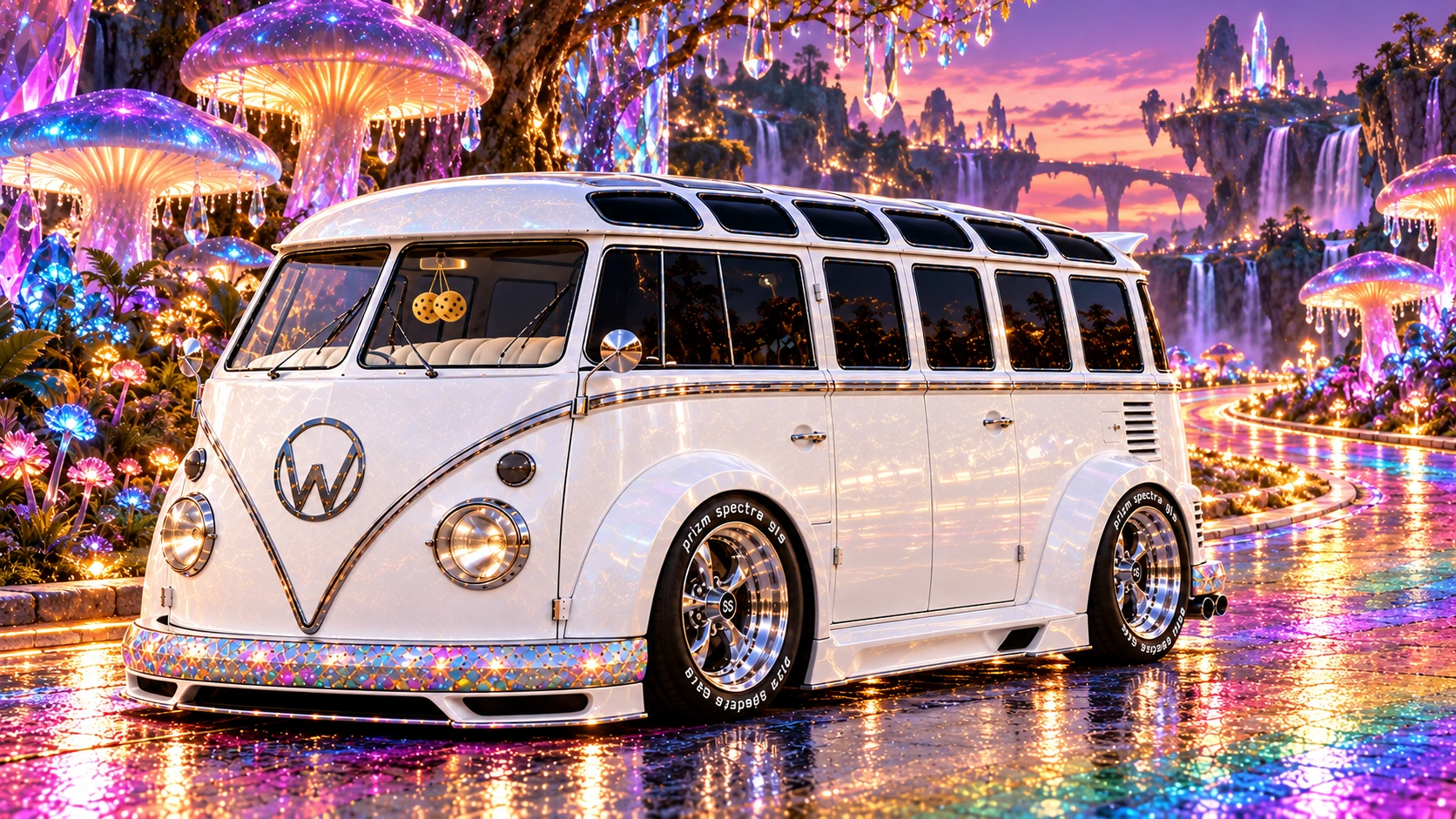 Starlite, the custom Volkswagen Samba. Starlite Bus on a Rainbow Mushroom Path. Fictional automotive artwork.