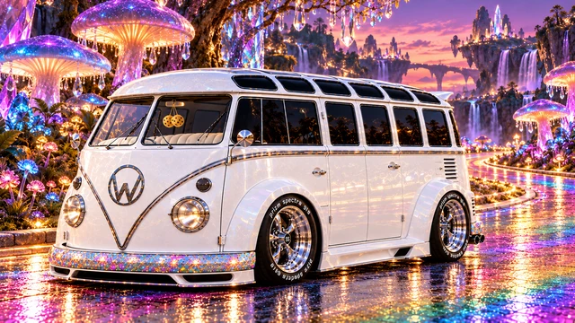 Starlite, the custom Volkswagen Samba. Starlite Bus on a Rainbow Mushroom Path. Fictional automotive artwork.