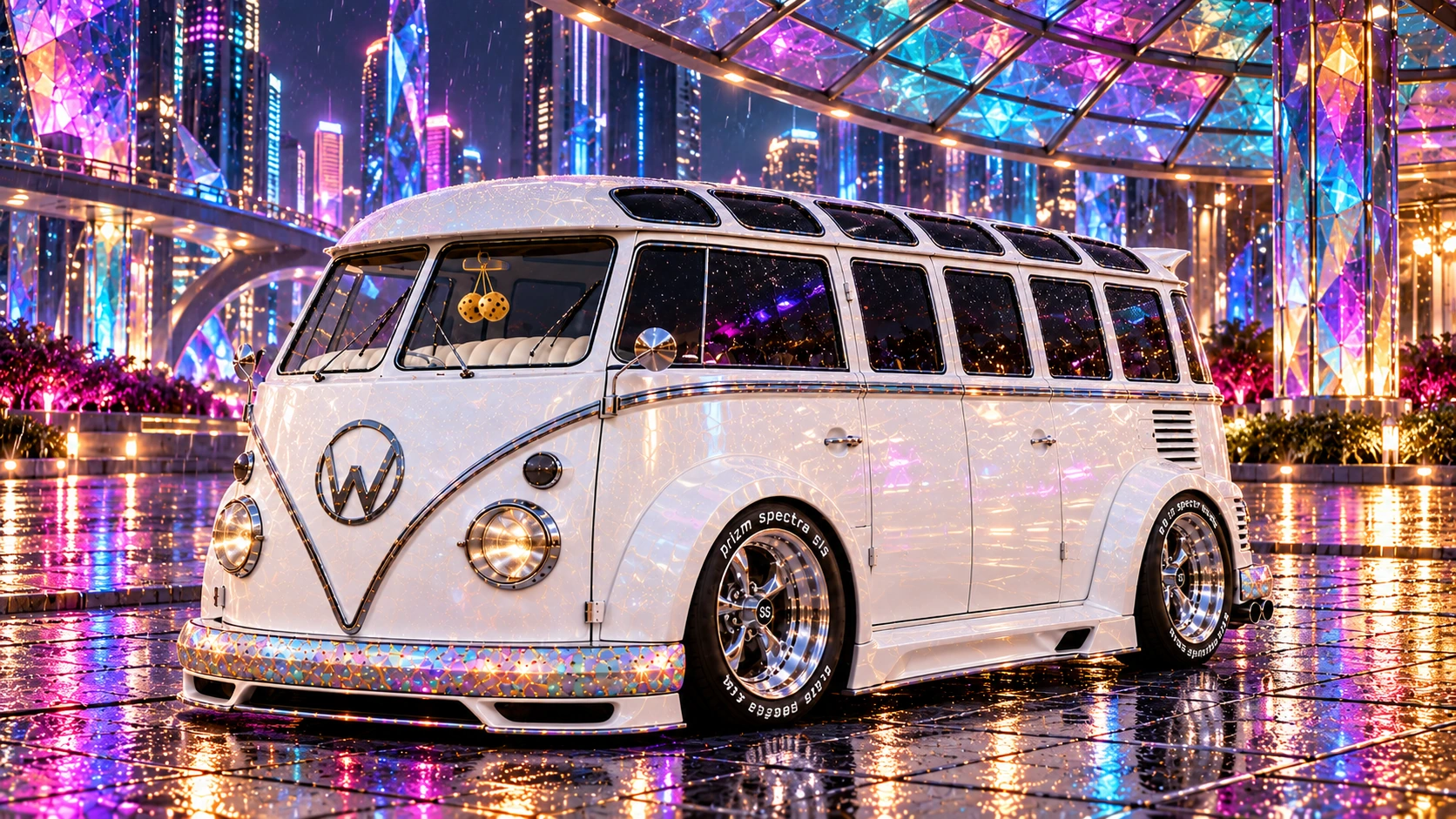 Starlite, the custom Volkswagen Samba. Starlite Bus in the Neon Rain. Fictional automotive artwork.