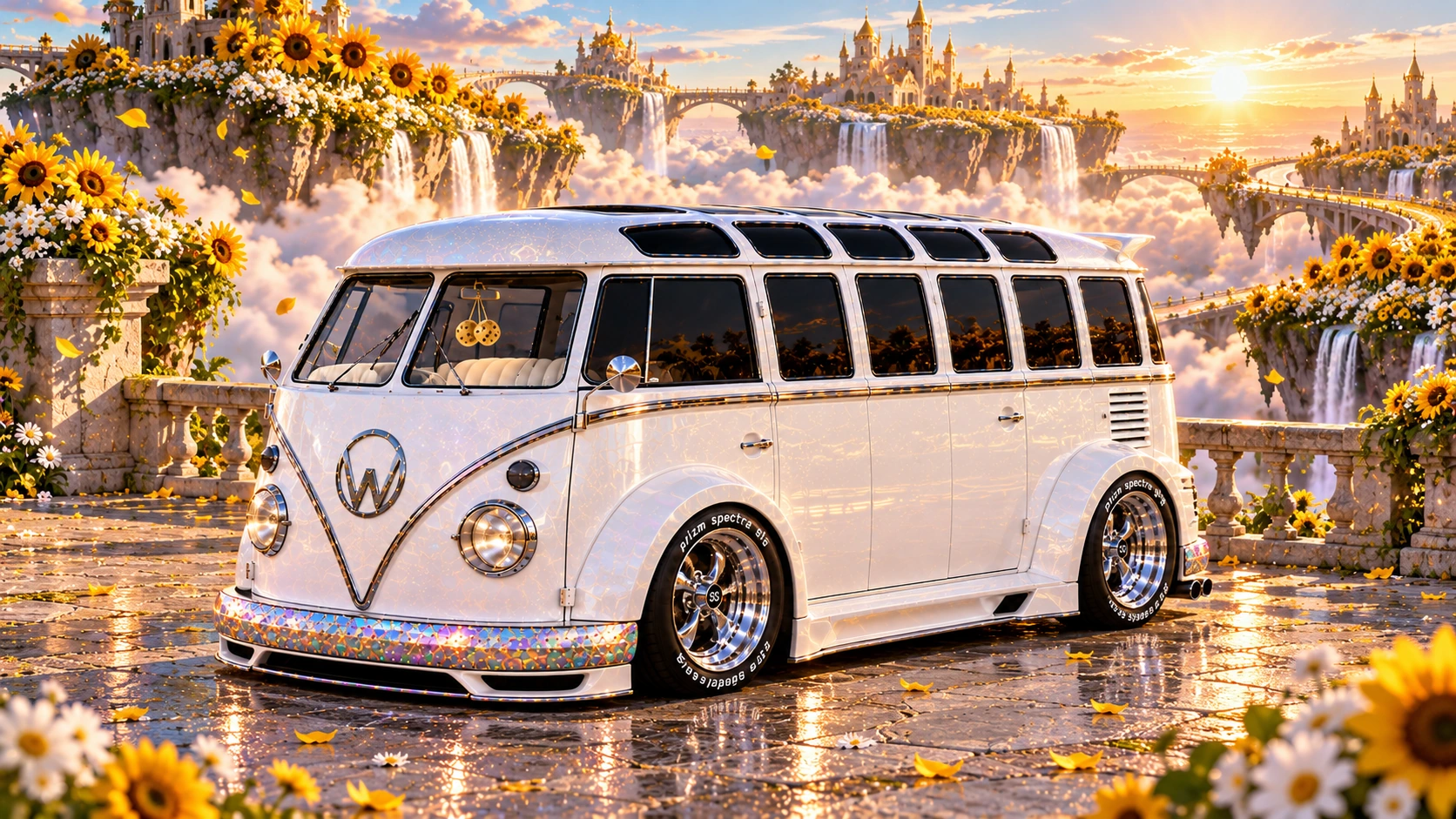 Starlite, the custom Volkswagen Samba. Starlite Samba on a Rainbow Garden Road. Fictional automotive artwork.