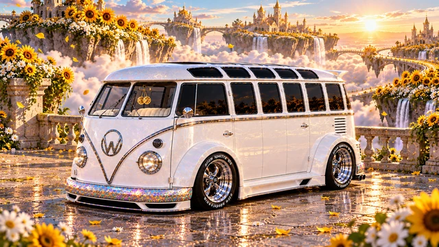 Starlite, the custom Volkswagen Samba. Starlite Samba on a Rainbow Garden Road. Fictional automotive artwork.