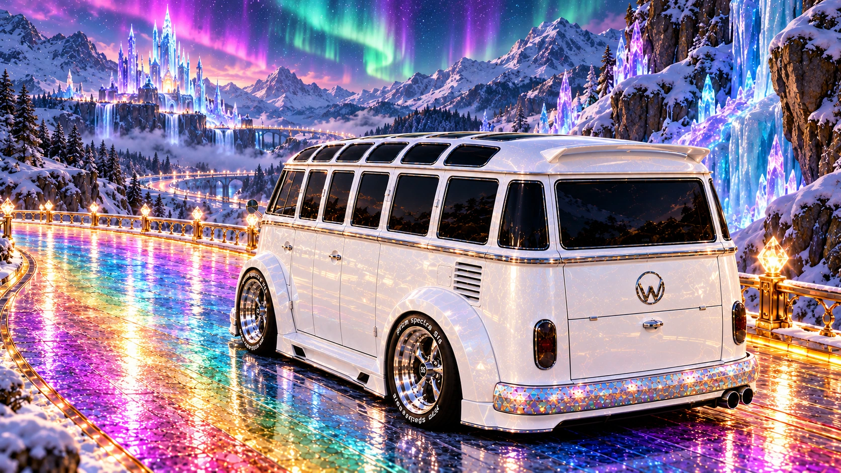 Starlite, the custom Volkswagen Samba. Chrome Starlite Bus Beneath Aurora. Fictional automotive artwork.