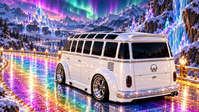Starlite, the custom Volkswagen Samba. Chrome Starlite Bus Beneath Aurora. Fictional automotive artwork.