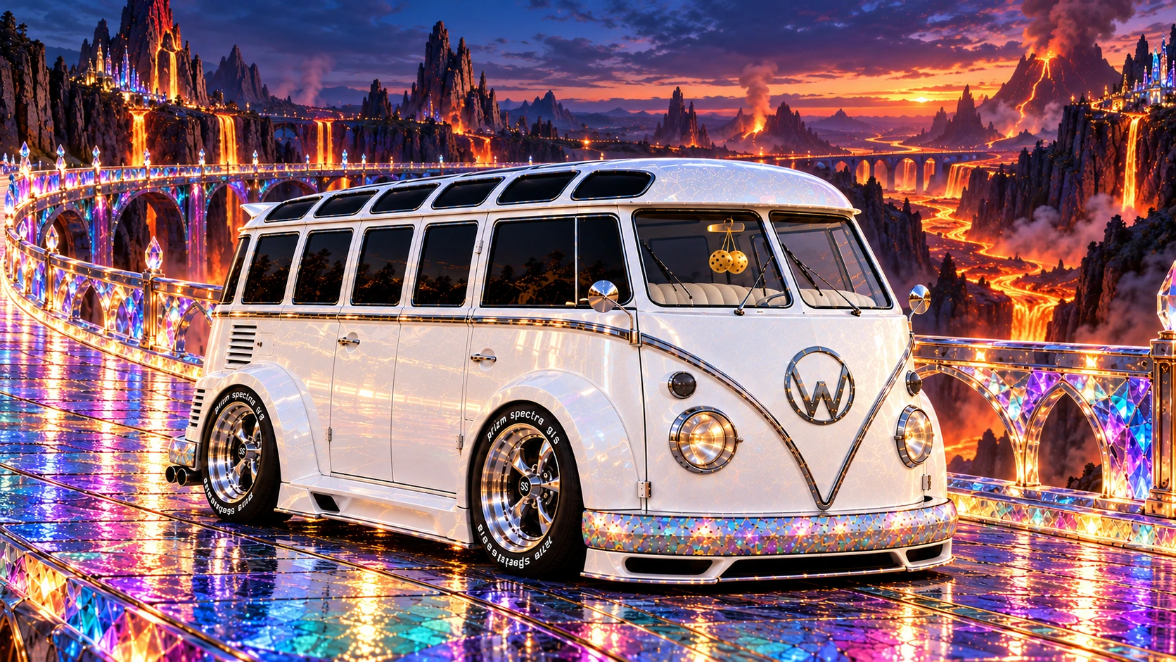Starlite, the custom Volkswagen Samba. Starlite on the Rainbow Crystal Bridge. Fictional automotive artwork.