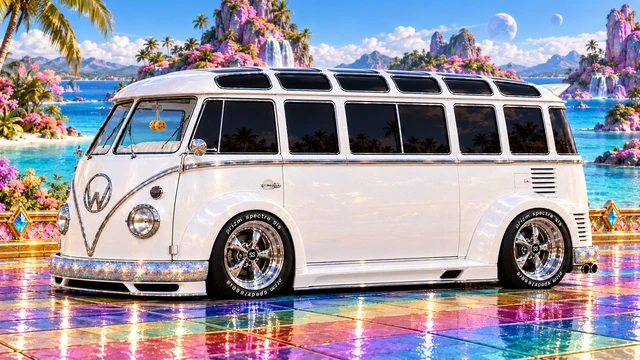 Starlite, the custom Volkswagen Samba. Starlite on the Rainbow Lagoon Causeway. Fictional automotive artwork.