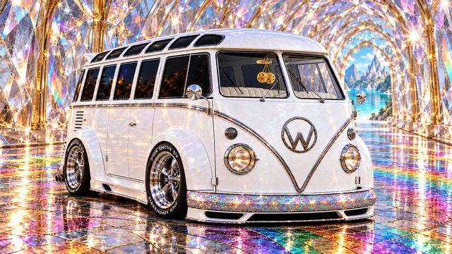 Starlite, the custom Volkswagen Samba. Starlite Bus in a Crystal Tunnel. Fictional automotive artwork.